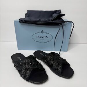 Prada Black Braided Crystal-Embellished Slide Sandals - Size 35.5